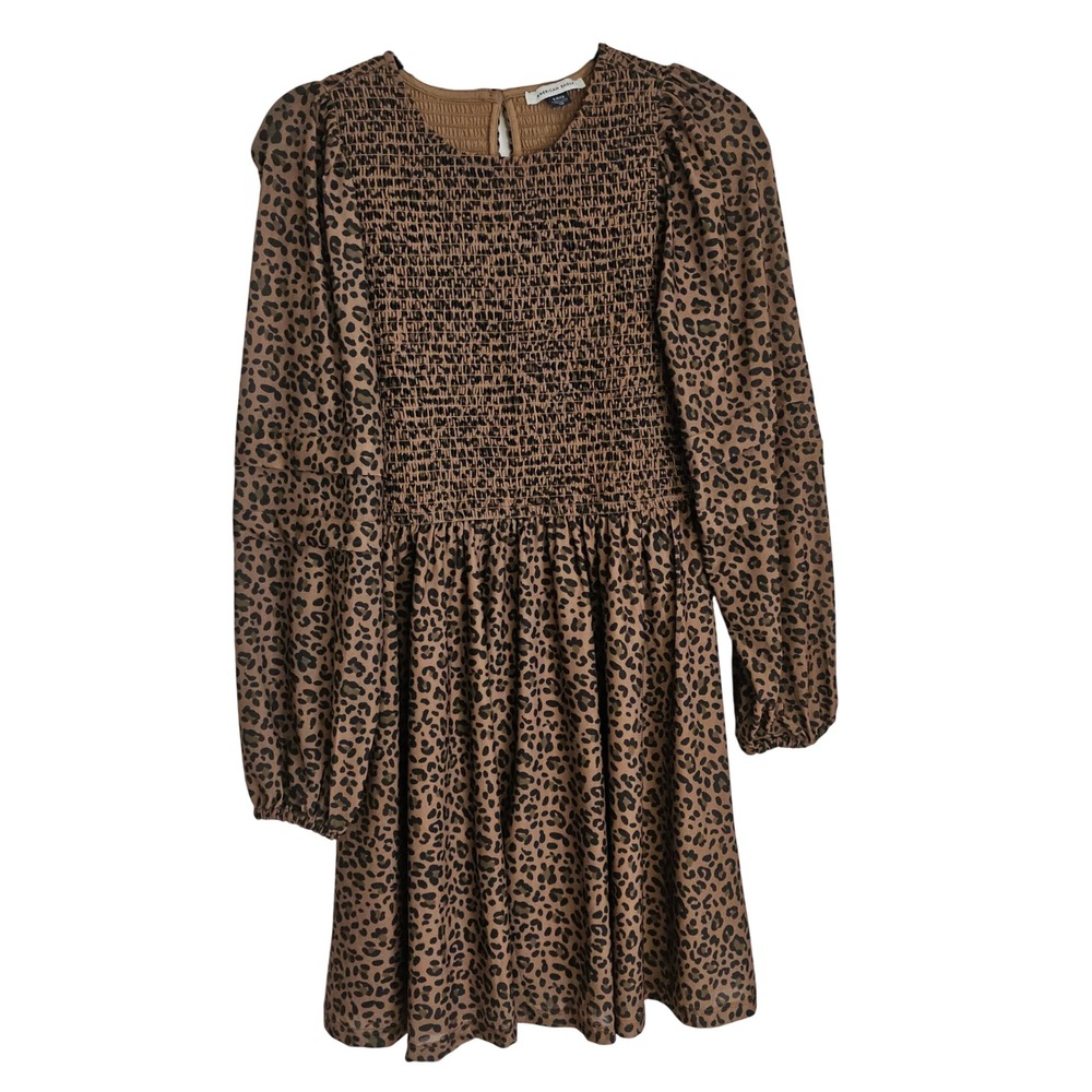 American Eagle Leopard Print Smocked Mini Dress S Brown Smock Mob Wife Earthy